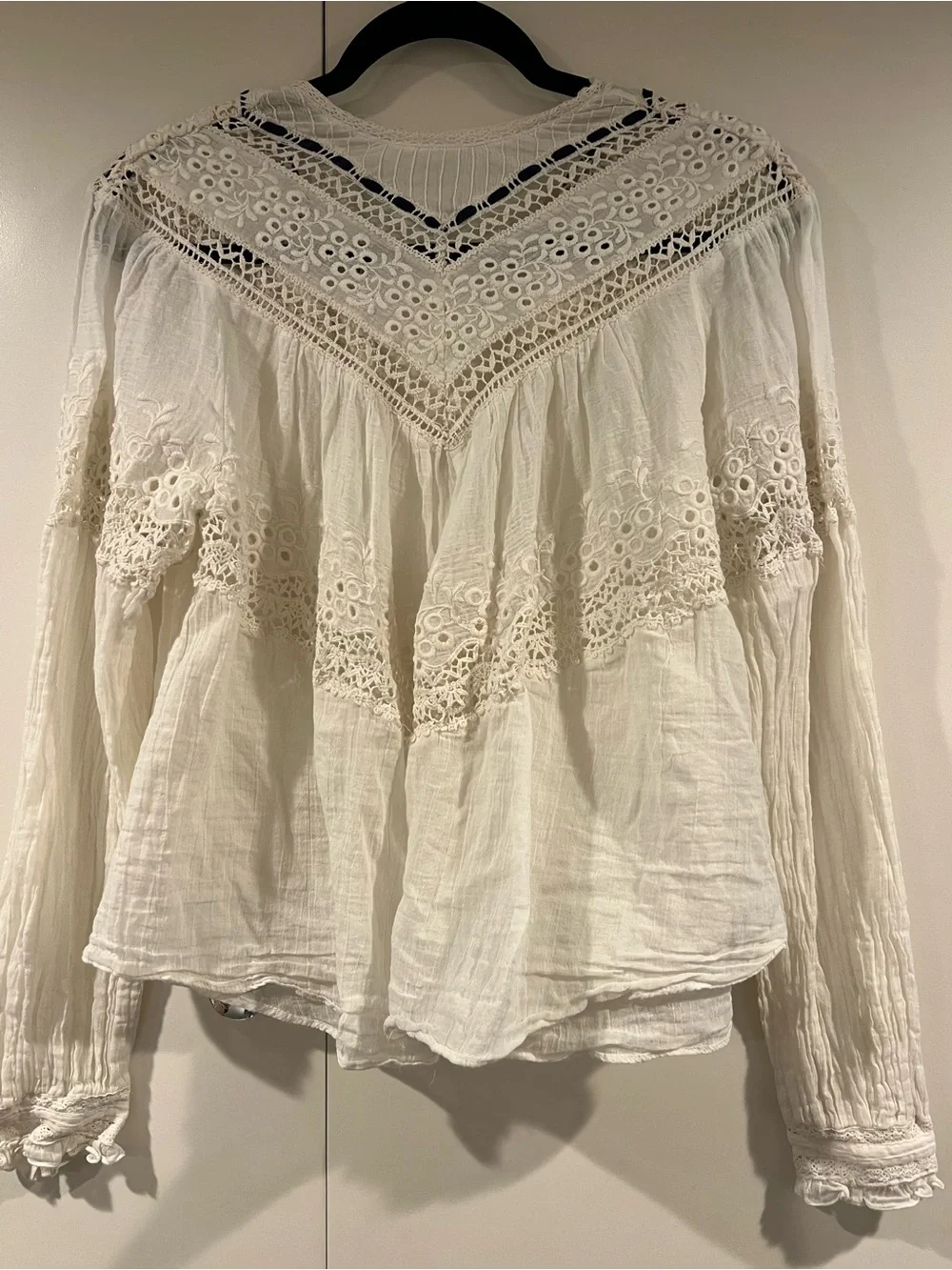 Free People White Lace-Trim Button Front Top